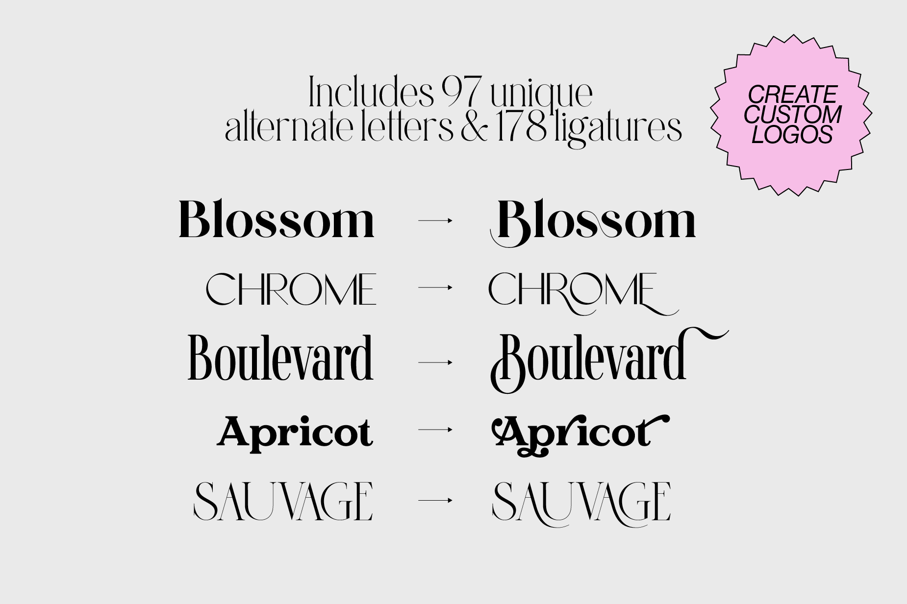 Create free custom logos with the Classic Font Bundle; use ligatures and alternate letters with swashes to create your unique logo design